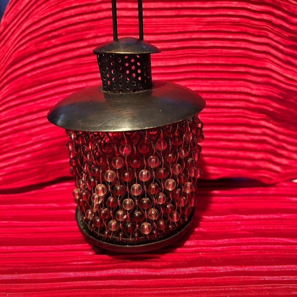 Vintage metal and Beaded hanging lantern- shabby chic looking lantern- preloved